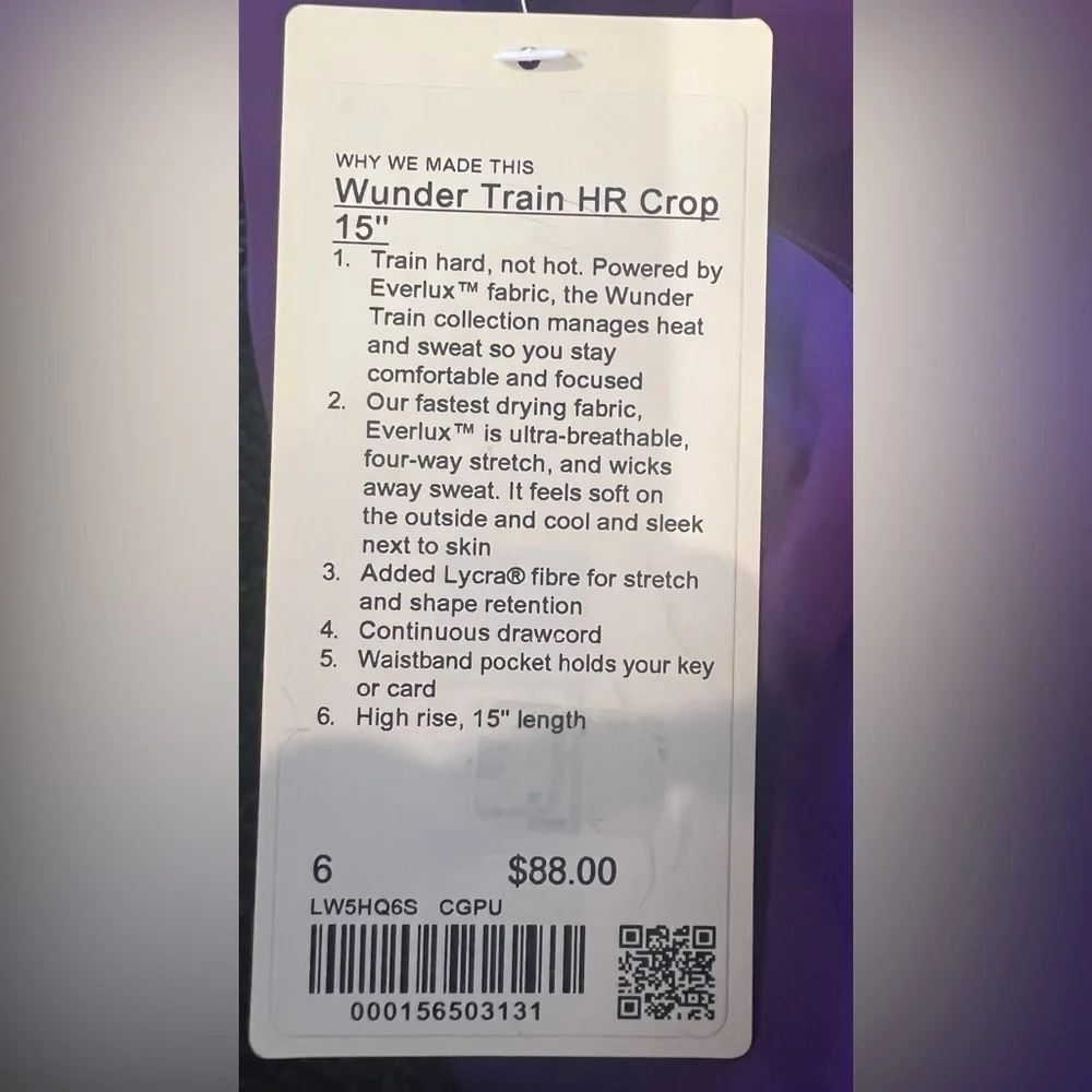 Lululemon Wunder Train HR Crop 15 Inch Everlux Leggings Purple